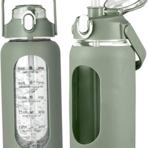 64oz Water Bottle with Straw Glass Water Bottles with Time Marker and Silicone Sleeve…