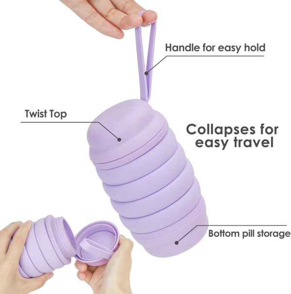 Collapsible Water Bottle 16 oz With Pill Storage, Silicone, BPA Free, Vitamin Storage…