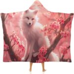 Animal White Fox On Cherry Flowers Wearable Hooded Blanket Warm Hoodie Throw Cape Soft...