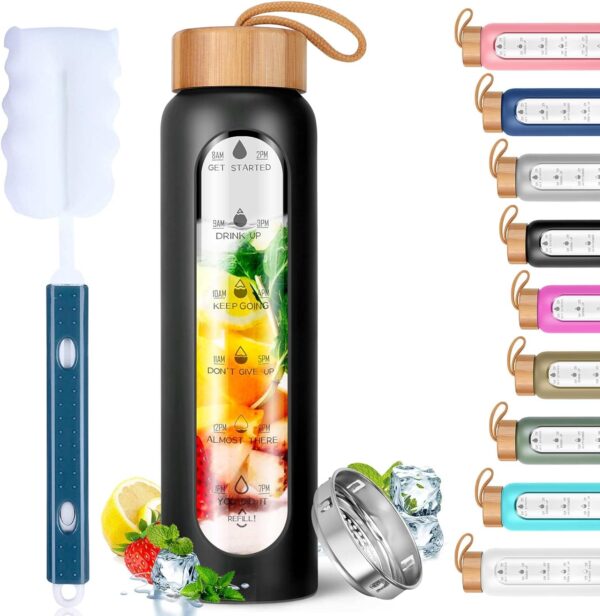 Aqulea Glass Water Bottles 25 Oz with Silicone Sleeve – BPA Free Reusable Wide Mouth…