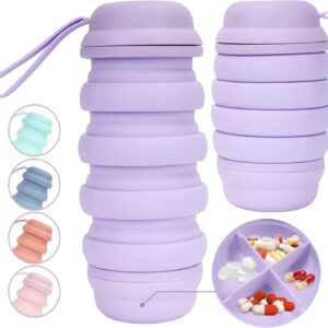 Collapsible Water Bottle 16 oz With Pill Storage, Silicone, BPA Free, Vitamin Storage…