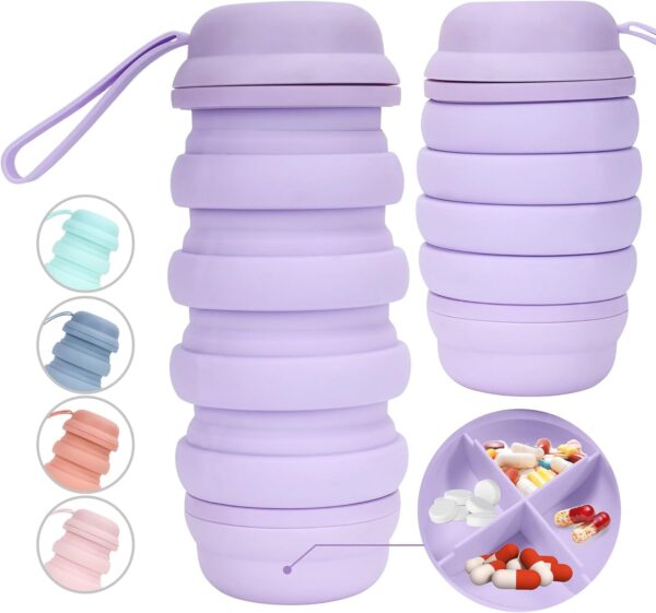 Collapsible Water Bottle 16 oz With Pill Storage, Silicone, BPA Free, Vitamin Storage…