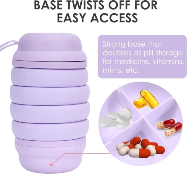 Collapsible Water Bottle 16 oz With Pill Storage, Silicone, BPA Free, Vitamin Storage…