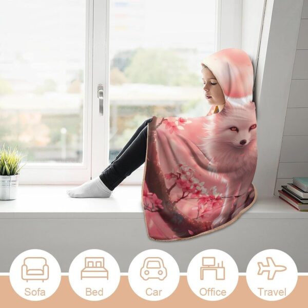 Animal White Fox On Cherry Flowers Wearable Hooded Blanket Warm Hoodie Throw Cape Soft…