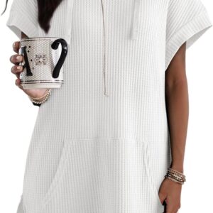 Dokotoo Womens Summer Oversized Shirts 2025 Short Sleeve Drawstring Hoodies Waffle…