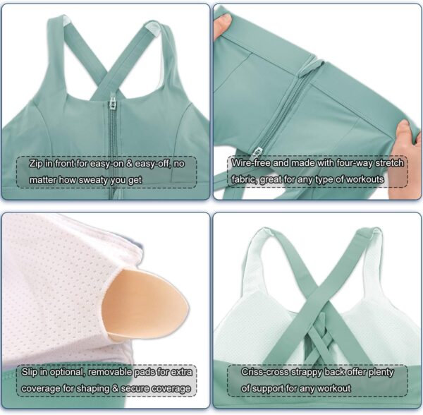 Cordaw Zipper in Front Sports Bra High Impact Strappy Back Support Workout Top