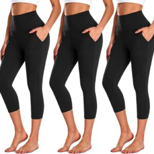 NEW YOUNG 3 Pack Capri Leggings for Women with Pockets-High Waisted Tummy…