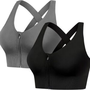 2 Pack Sports Bras for Women, Zipper Front Closure Workout Running Bra High…