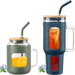 50 oz Glass Water Bottles with Silicone Sleeve & 46 oz Glass Tumbler with Lid and...