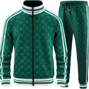 Men Tracksuits Full-zip Long Sleeve Plaid Track Jackets and Pants 2 Piece