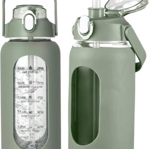 32oz Water Bottle with Straw Glass Water Bottles with Time Marker and Silicone Sleeve…