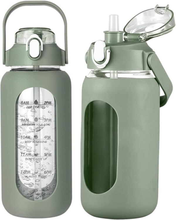 32oz Water Bottle with Straw Glass Water Bottles with Time Marker and Silicone Sleeve…