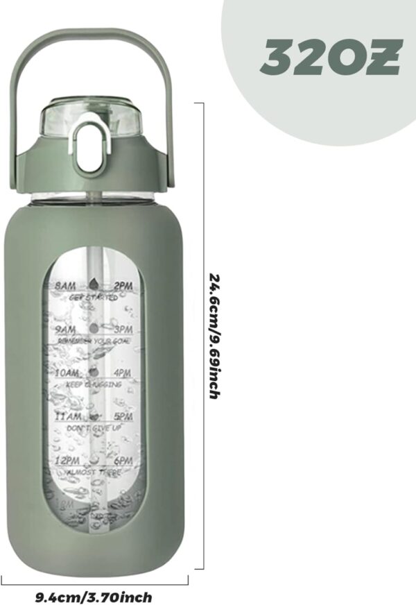 32oz Water Bottle with Straw Glass Water Bottles with Time Marker and Silicone Sleeve…