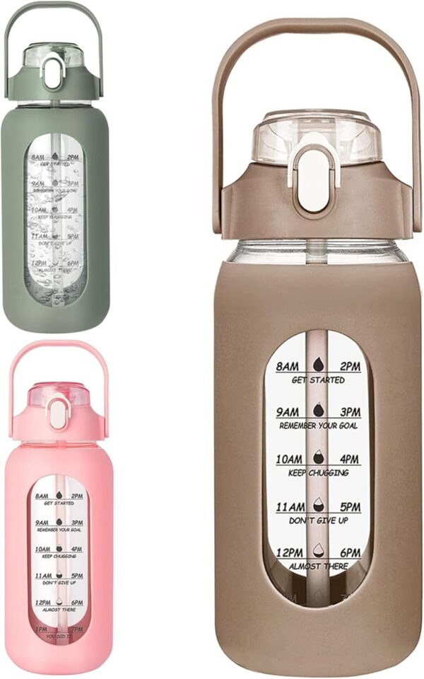 32oz Water Bottle with Straw Glass Water Bottles with Time Marker and Silicone Sleeve…